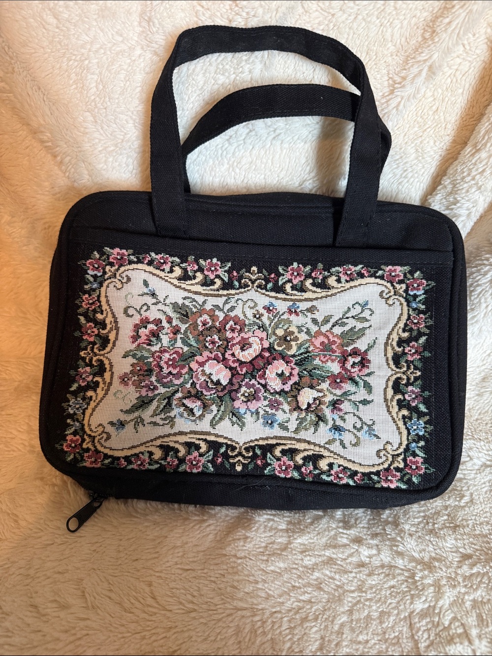 Black Floral Tapestry Book Bible Tote Bag with Pink Rose Embroidery